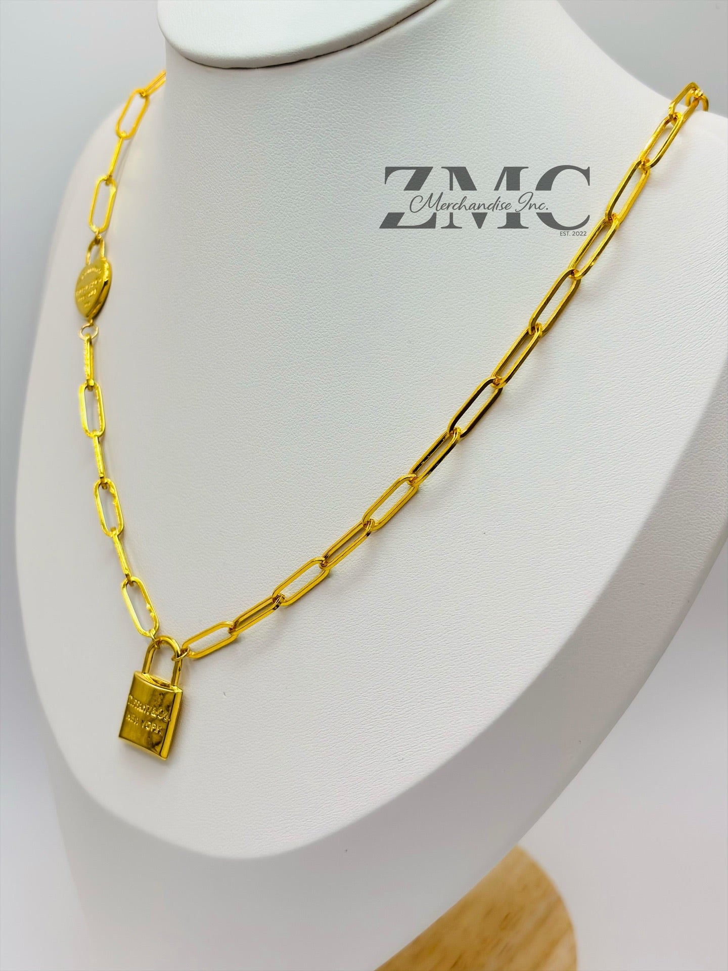 18K Gold Paperclip with Padlock and Heart Attached Necklace