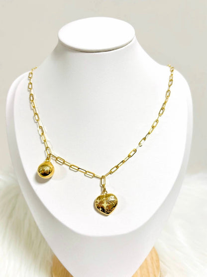 18K Gold Paperclip with Heart and Ball Charm Necklace