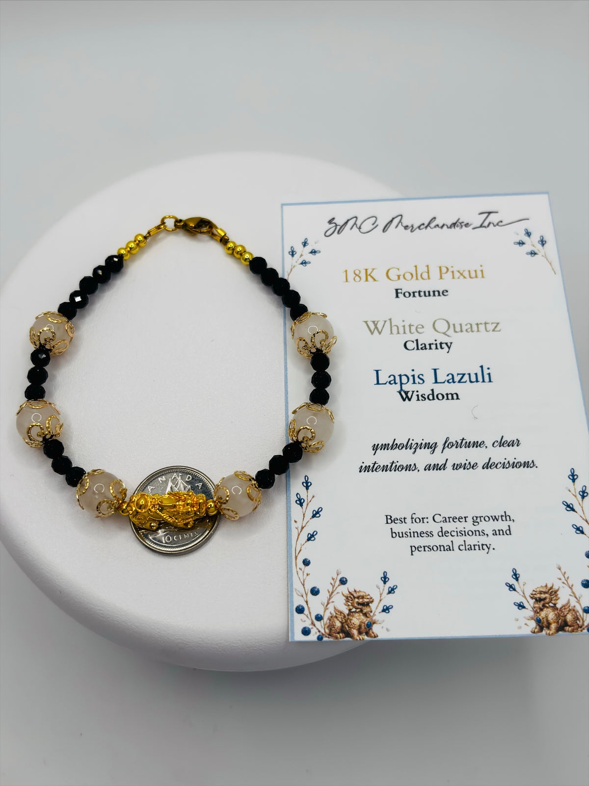 18K Gold Lucky Piyao/ Pi Xiu White Quartz, Lapis Lazuli Bracelet ( Hollow Empty Inside) Medium