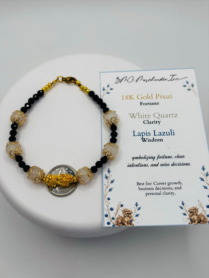 18K Gold Lucky Piyao/ Pi Xiu White Quartz, Lapis Lazuli Bracelet ( Hollow Empty Inside) Medium