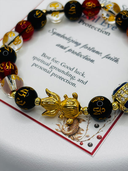 18K Gold Lucky  Koi Fish White/Black/Red Mantra Evil Eye Bracelet  ( Hollow Empty Inside)