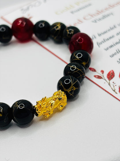 18K Gold Lucky Piyao/ Pi Xiu Red Chalcedony Bracelet ( Hollow Empty Inside) Small
