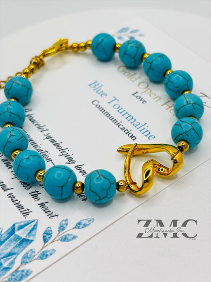 18K Gold Open Heart Blue Tourmaline Bracelet (Electroform Heart)
