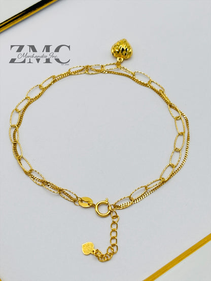 18K Gold Paperclip Double with Heart Charm Bracelet