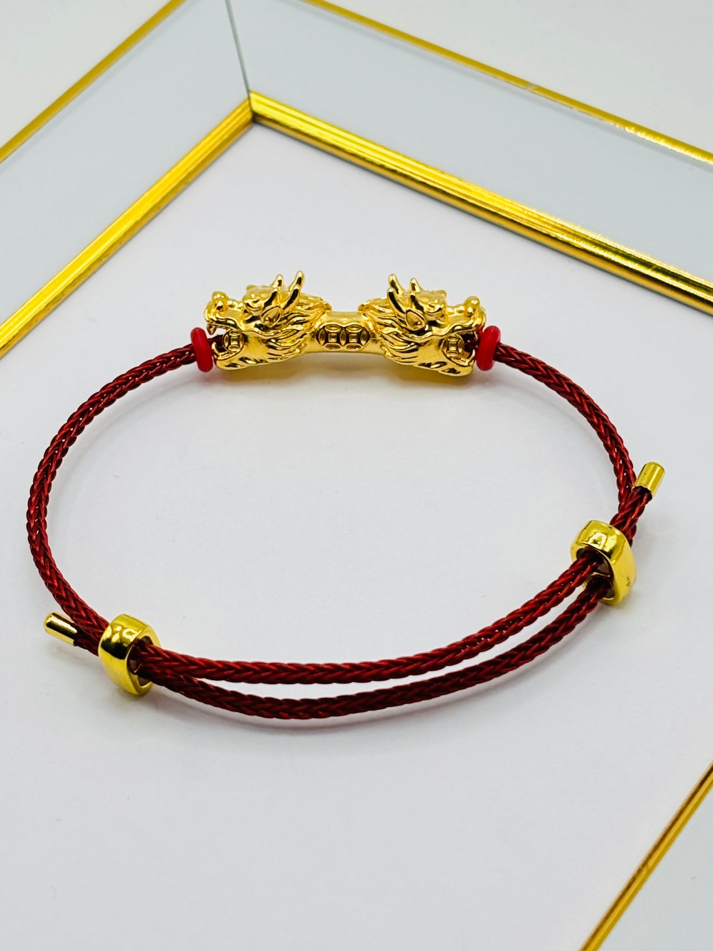 18K Gold  Lucky Dragon Bracelet  ( Hollow Empty Inside) Red Rope XXL