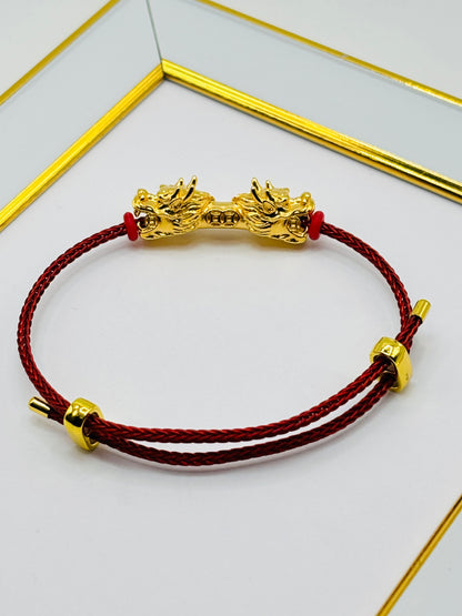 18K Gold  Lucky Dragon Bracelet  ( Hollow Empty Inside) Red Rope XXL