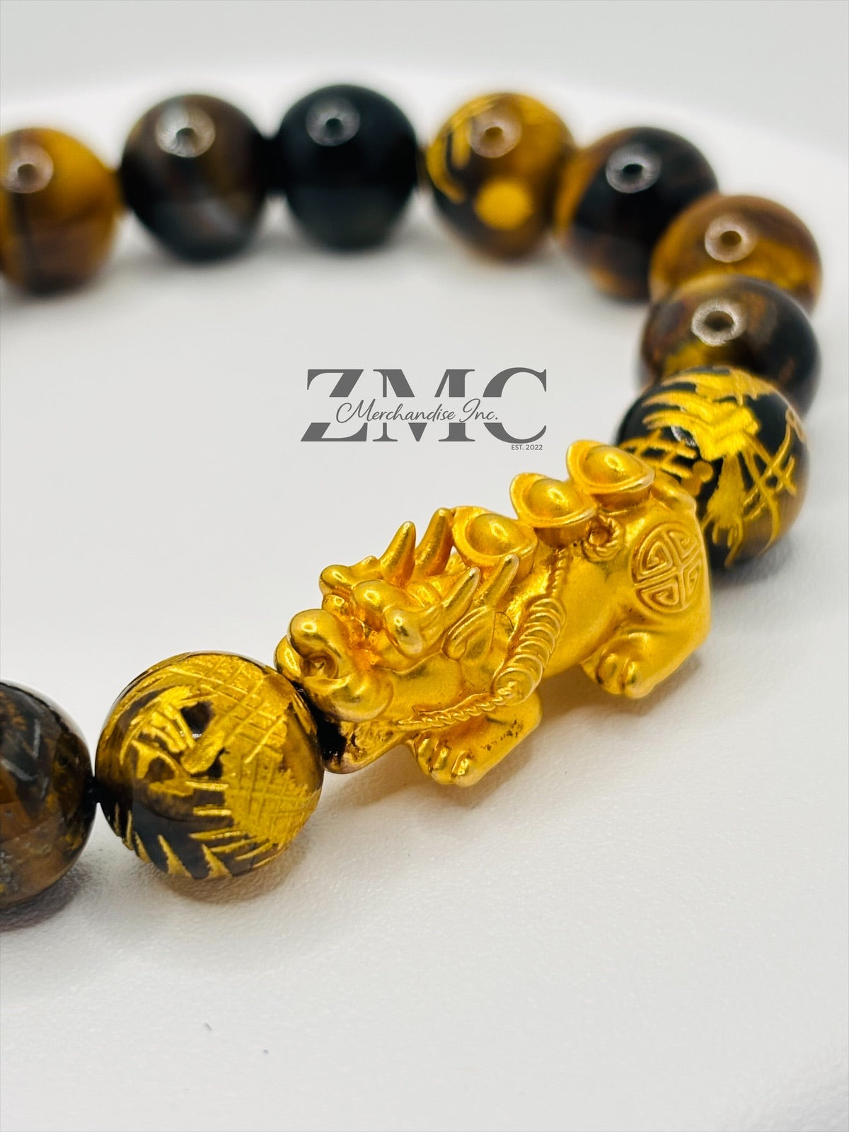 18K Gold Lucky Piyao/ Pi Xiu  Bracelet Tiger Eye Dragon Stone( Hollow Empty Inside) Extra Large Matte
