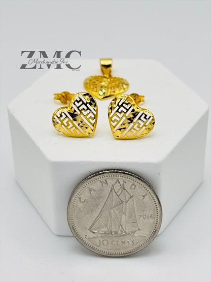 18K Gold Heart Earrings and Pendant Set
