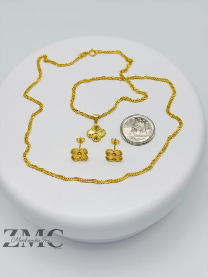18K Gold Clover Earrings and Necklace Set