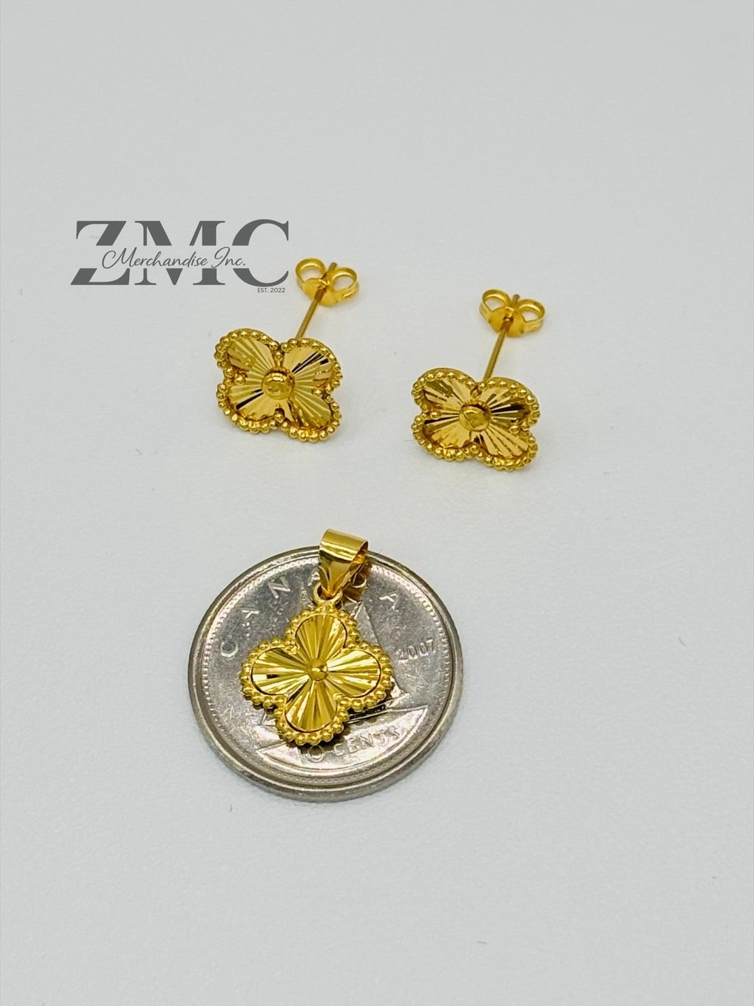 18K Gold Clover Earrings and Pendant Set 10 mm