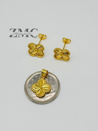 18K Gold Clover Earrings and Pendant Set 10 mm