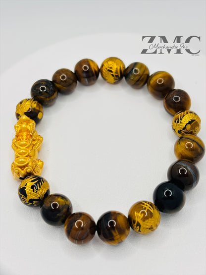 18K Gold Lucky Piyao/ Pi Xiu  Bracelet Tiger Eye Dragon Stone( Hollow Empty Inside) Extra Large Matte
