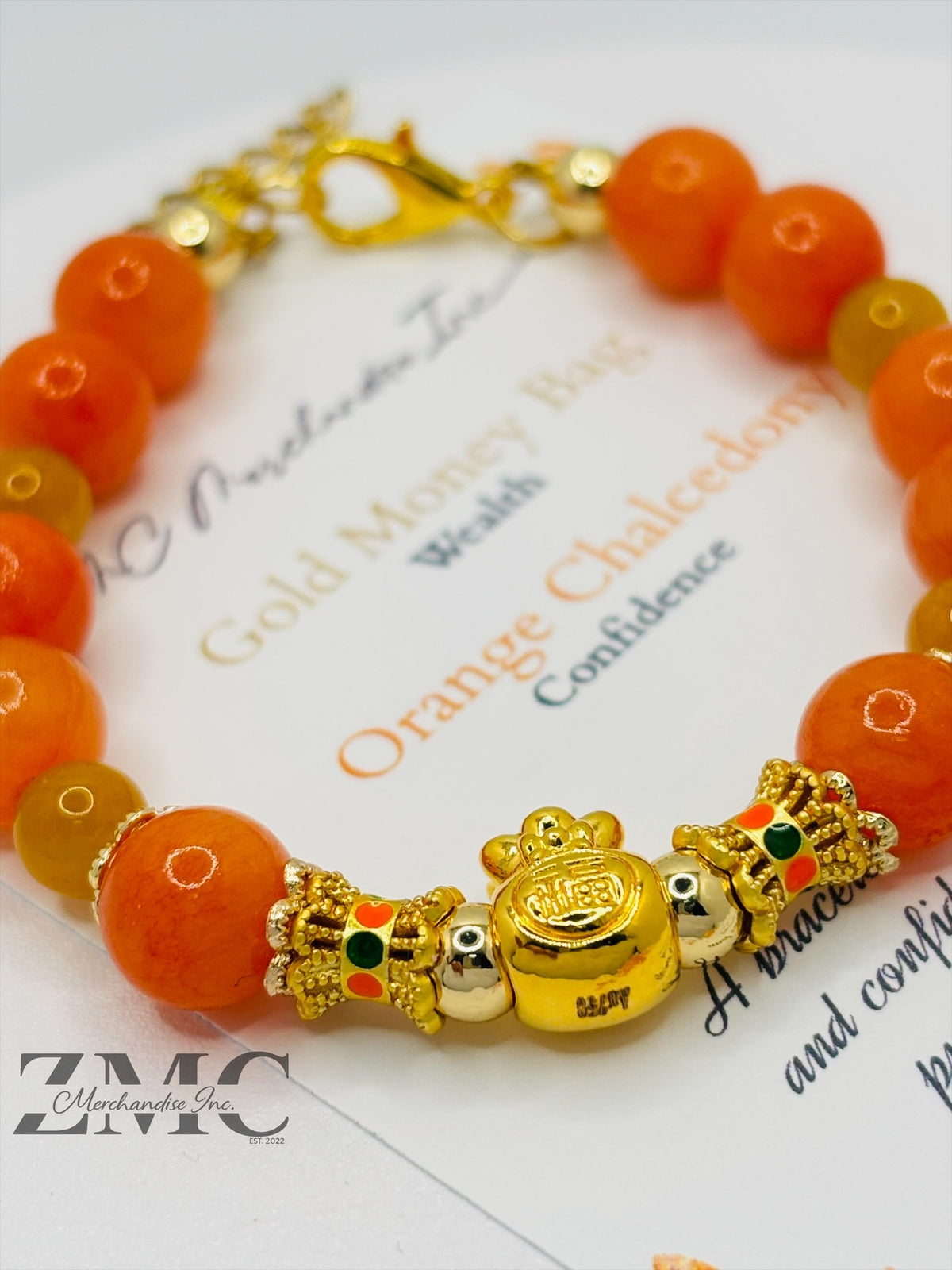 18K Gold  Lucky Money Bag Orange Chalcedony Bracelet  ( Hollow Empty Inside)