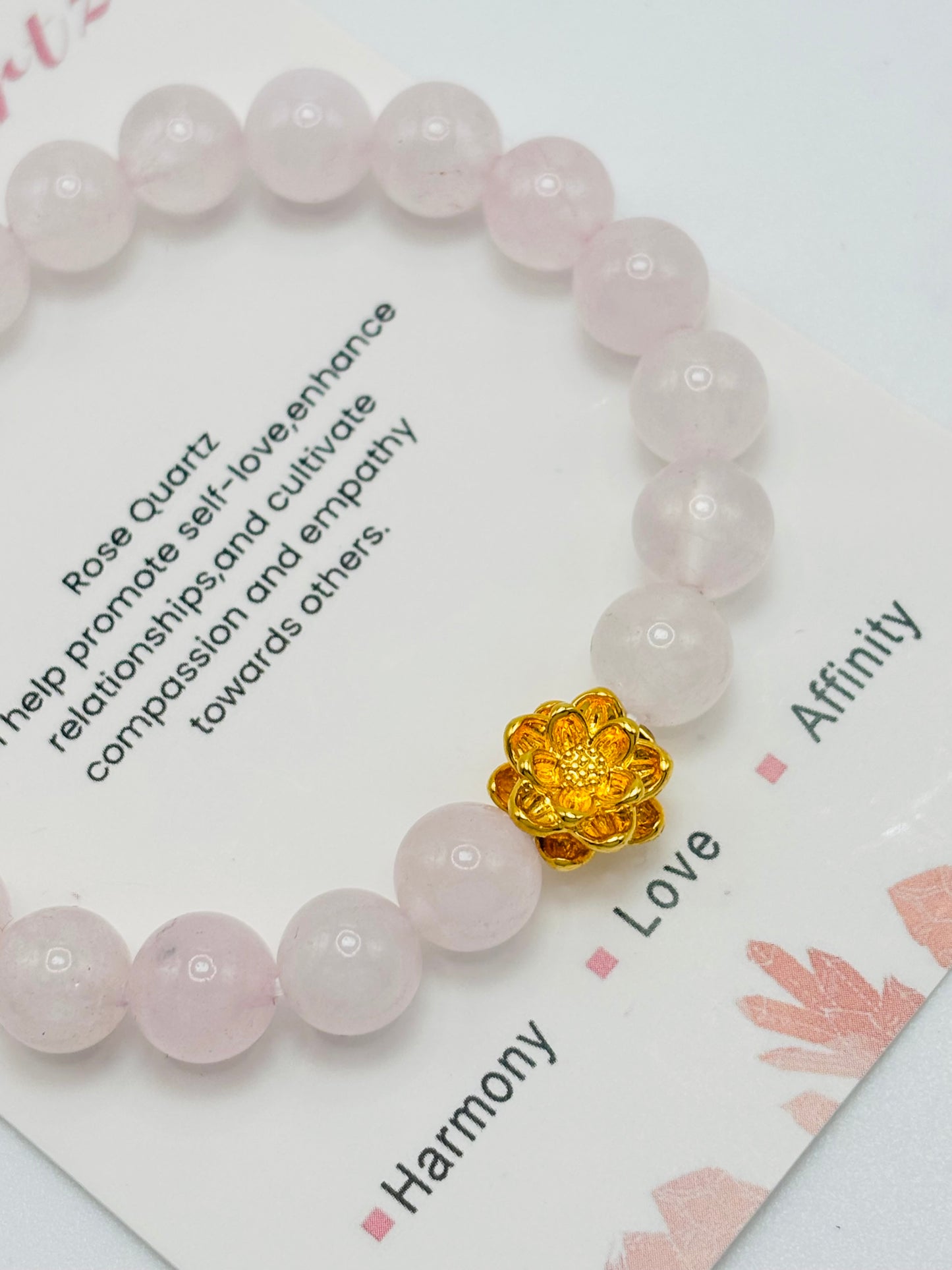 18K Gold Lucky Lotus Flower Bracelet Rose Quartz Stone ( Hollow Empty Inside)