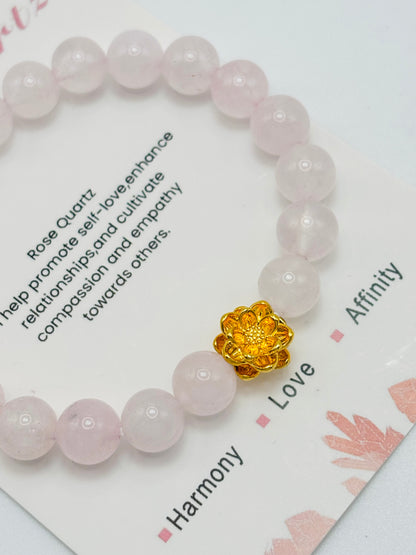 18K Gold Lucky Lotus Flower Bracelet Rose Quartz Stone ( Hollow Empty Inside)