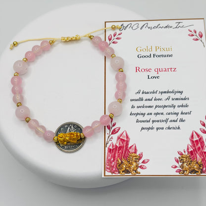 18K Gold Lucky Piyao/ Pi Xiu Rose Quartz String Bracelet ( Hollow Empty Inside) Small