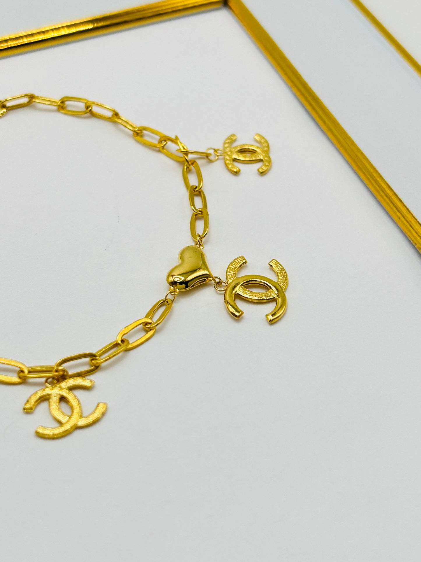 18K Gold Small Link Paperclip with Charm Bracelet