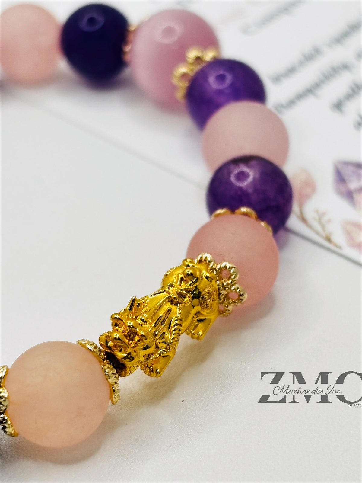 18K Gold Lucky Piyao/ Pi Xiu Rose Quartz, Amethyst Bracelet ( Hollow Empty Inside) Small