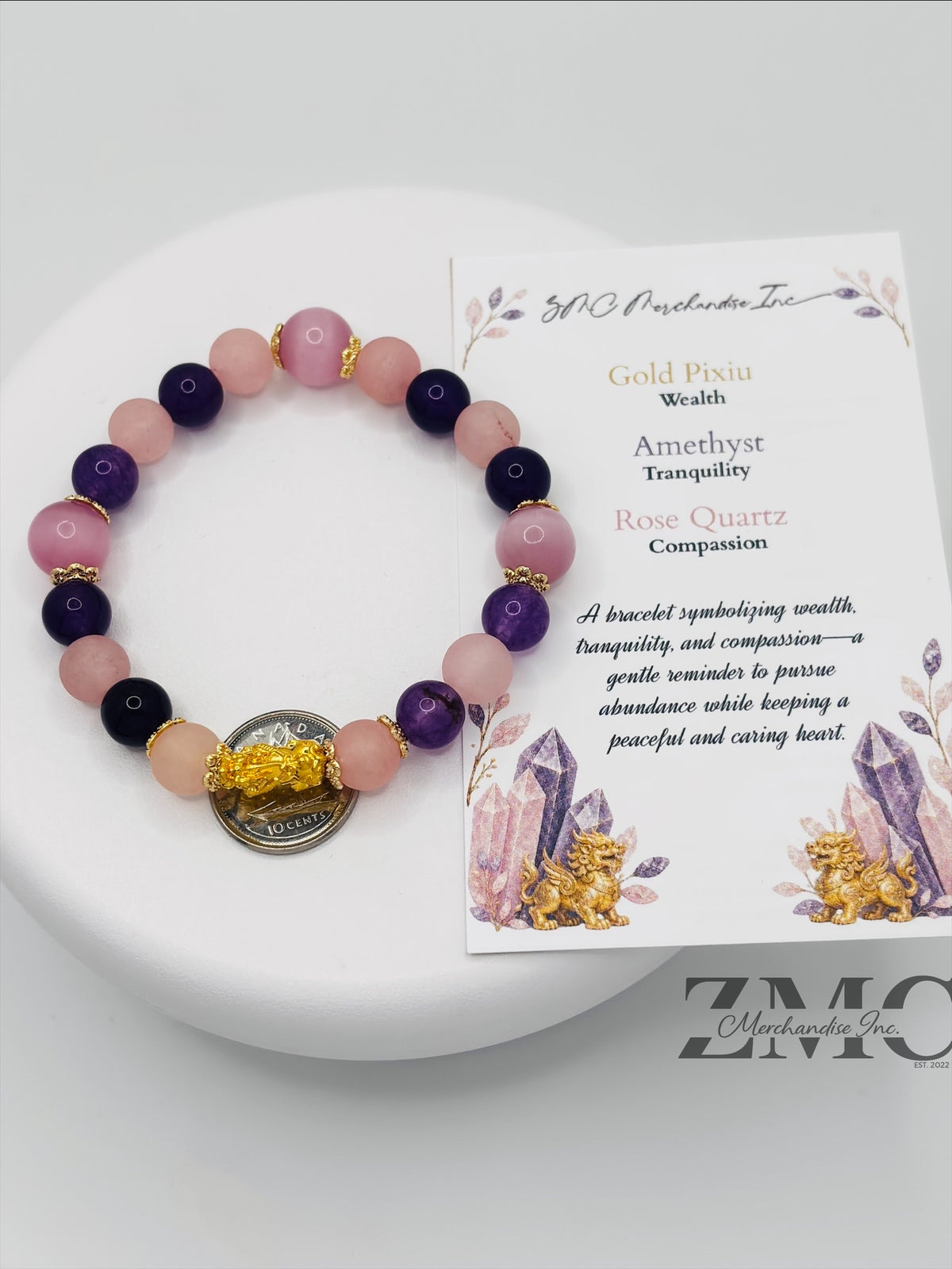 18K Gold Lucky Piyao/ Pi Xiu Rose Quartz, Amethyst Bracelet ( Hollow Empty Inside) Small