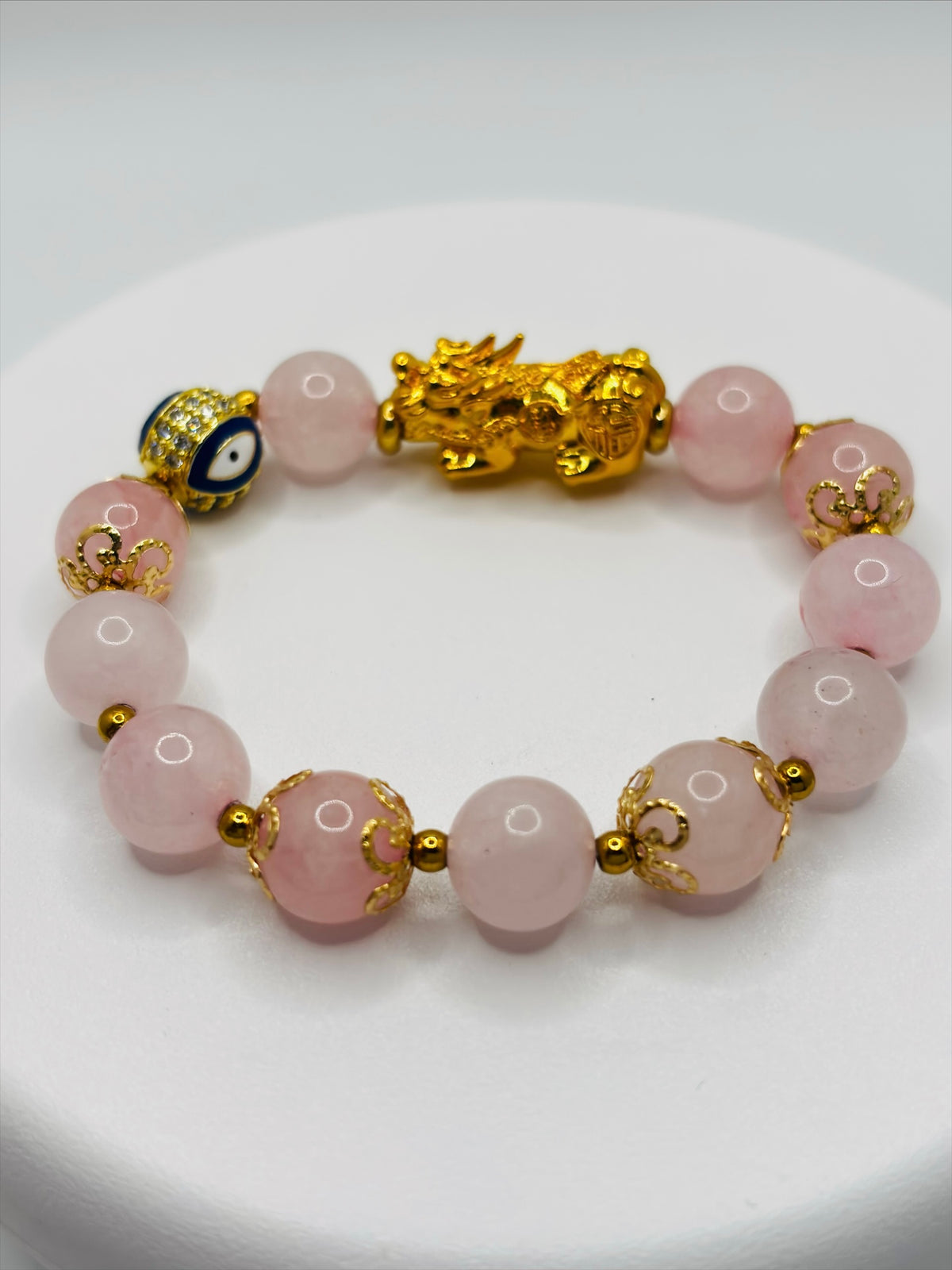 18K Gold Lucky Piyao/ Pi Xiu Rose Quartz Bracelet( Hollow Empty Inside) Extra Large