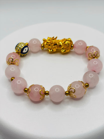 18K Gold Lucky Piyao/ Pi Xiu Rose Quartz Bracelet( Hollow Empty Inside) Extra Large