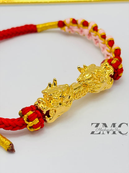 18K Gold Lucky Dragon Bracelet Red String ( Hollow Empty Inside) XXL