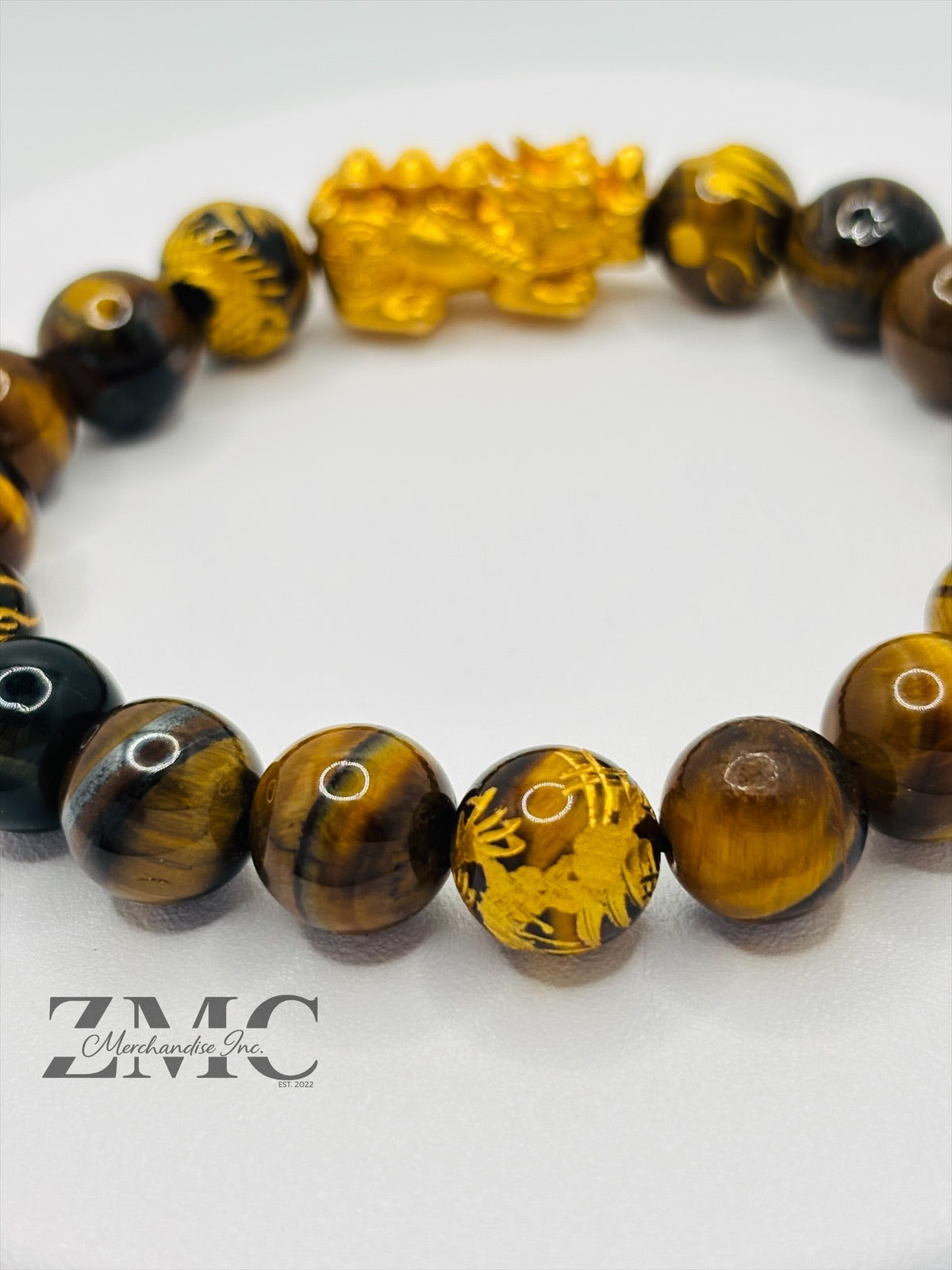 18K Gold Lucky Piyao/ Pi Xiu  Bracelet Tiger Eye Dragon Stone( Hollow Empty Inside) Extra Large Matte