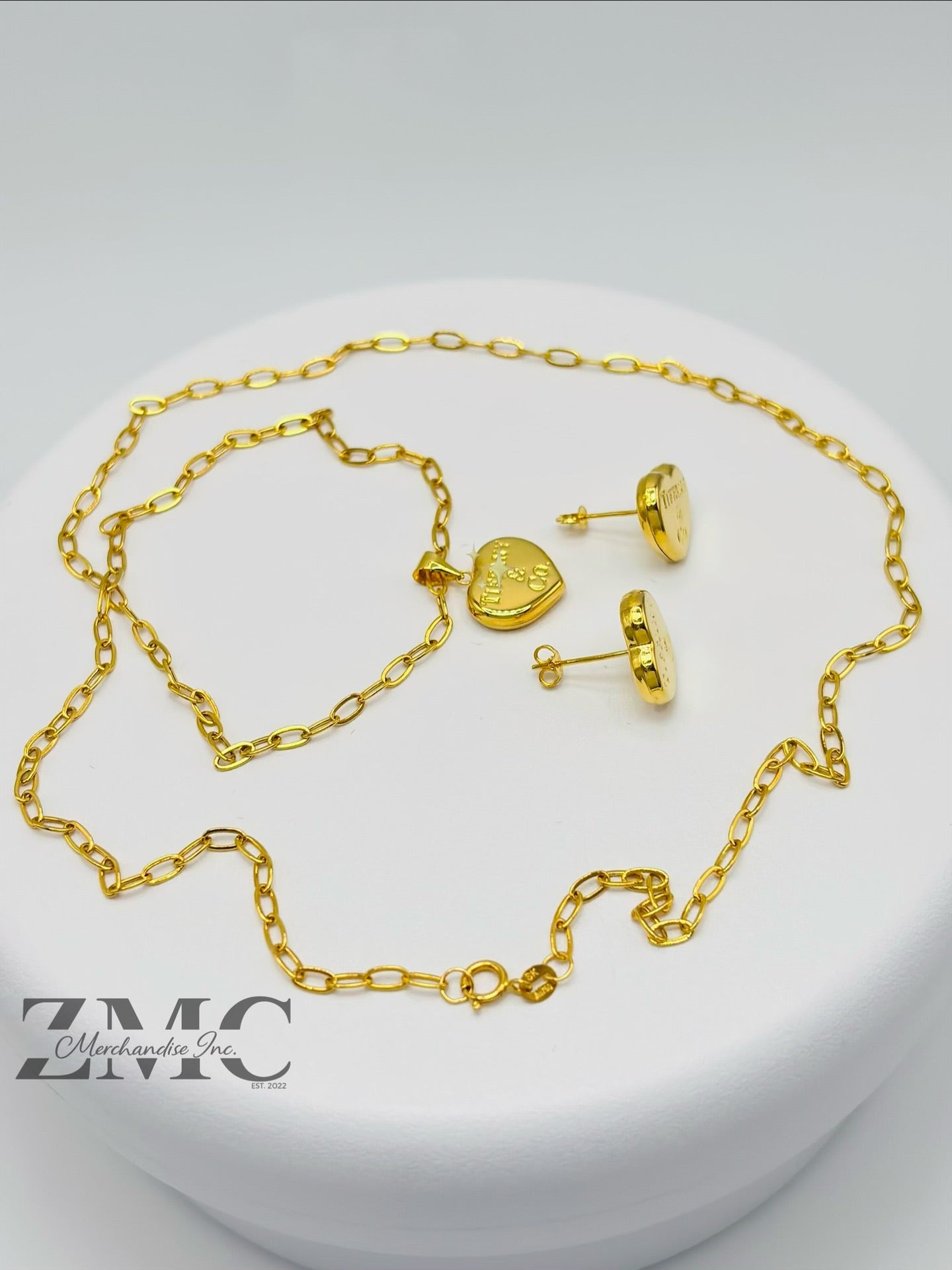 18K Gold Heart Earrings and Paperclip Necklace Set