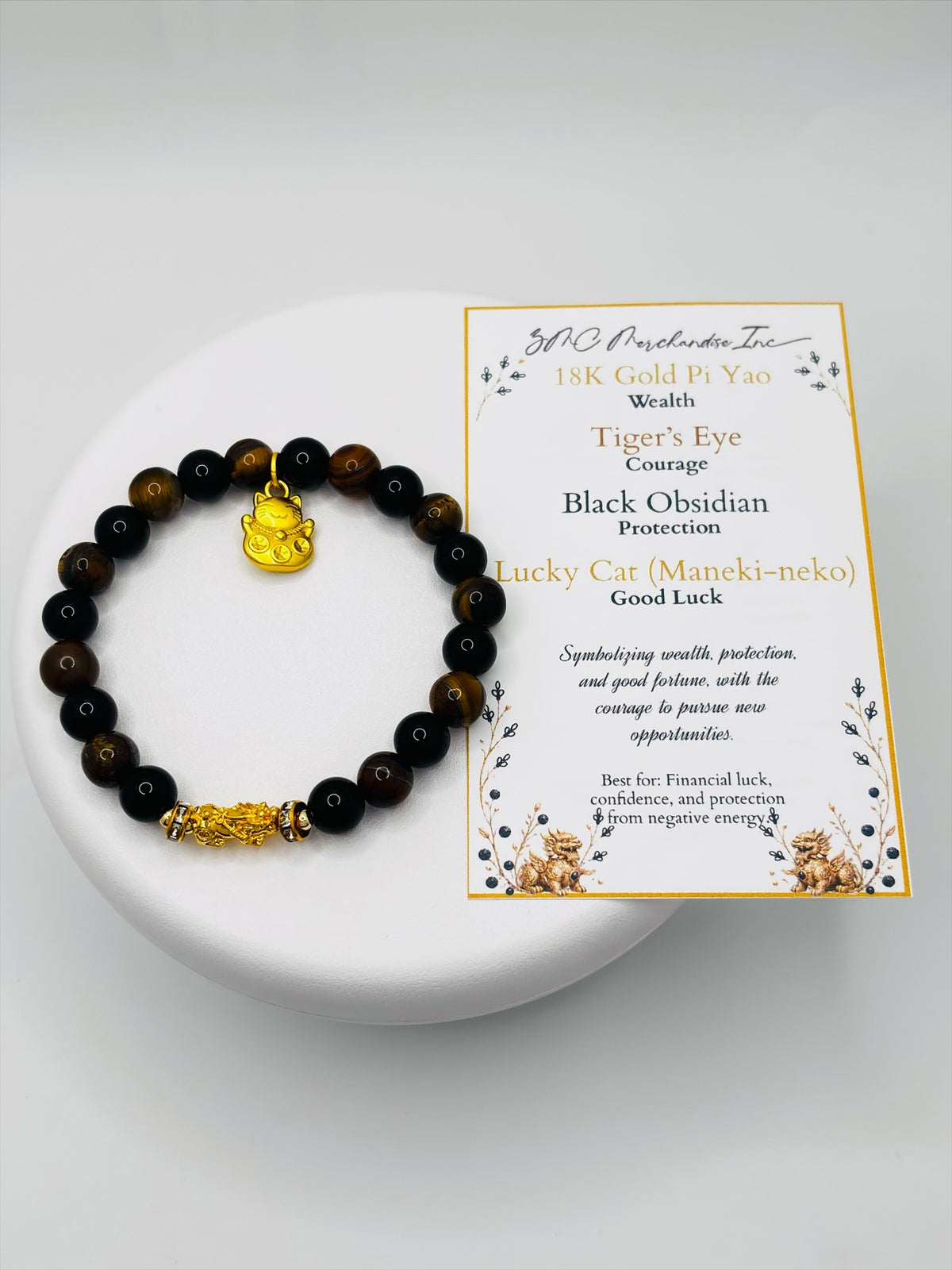 18K Gold Lucky Piyao/ Pi Xiu Obsidian, Tiger Eye Bracelet ( Hollow Empty Inside) SMALL PIYAO