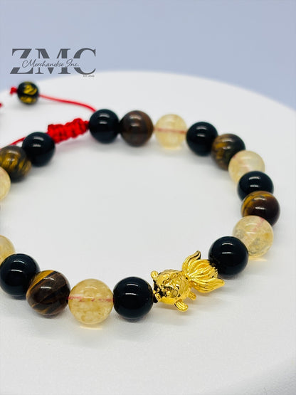 18K Gold Lucky Koi Fish Bracelet Citrine, Onyx, & Tiger Eye Stone ( Hollow Empty Inside)
