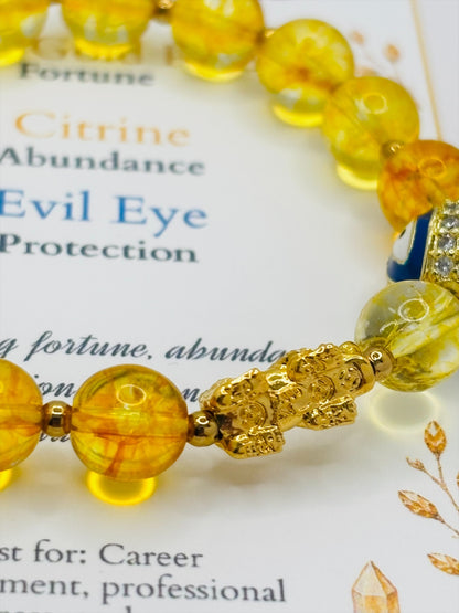 18K Gold Lucky Piyao/ Pi Xiu Citrine Evil Eye Bracelet ( Hollow Empty Inside) Small