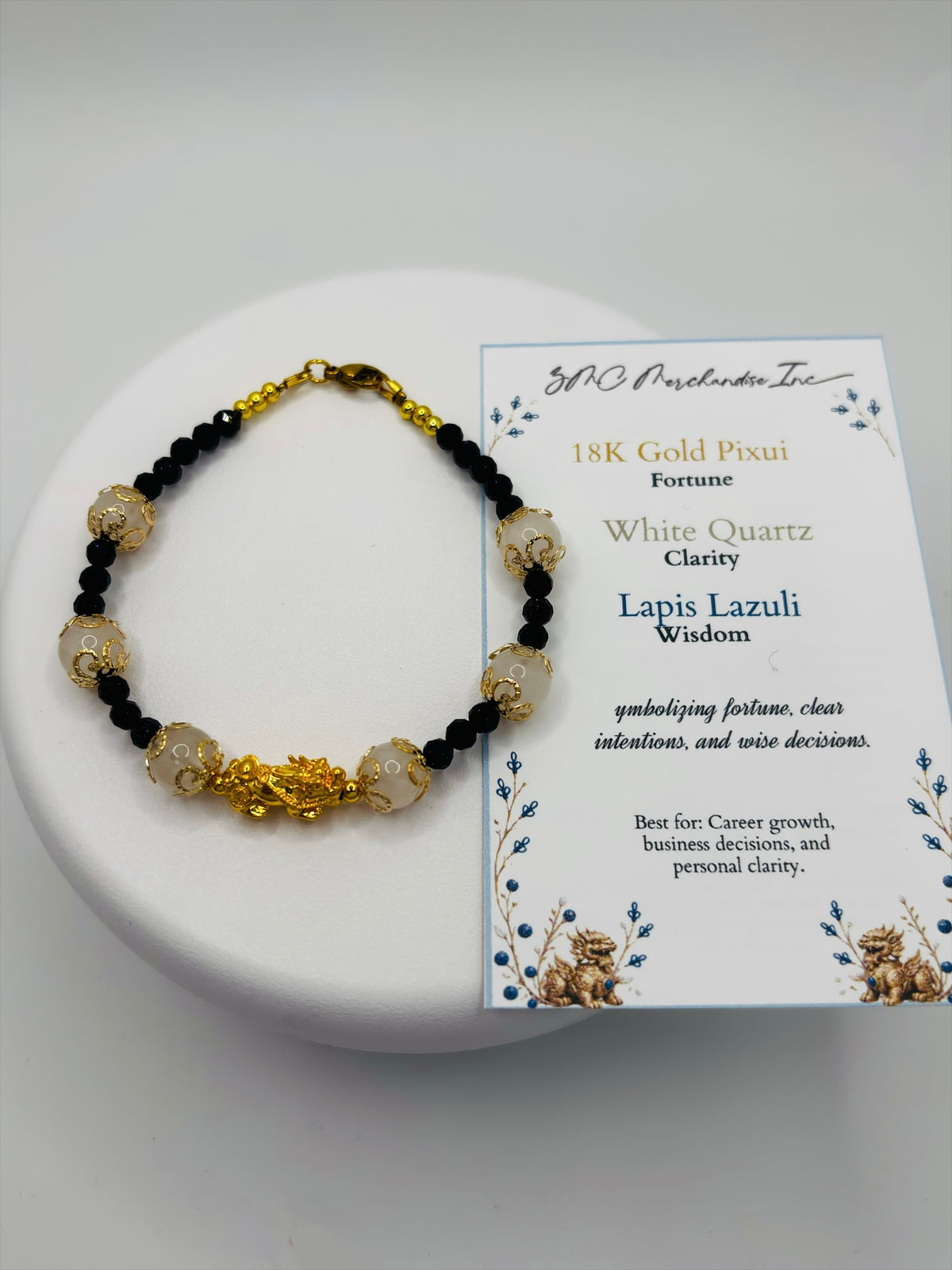 18K Gold Lucky Piyao/ Pi Xiu White Quartz, Lapis Lazuli Bracelet ( Hollow Empty Inside) Medium