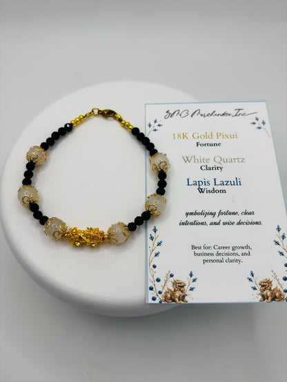 18K Gold Lucky Piyao/ Pi Xiu White Quartz, Lapis Lazuli Bracelet ( Hollow Empty Inside) Medium