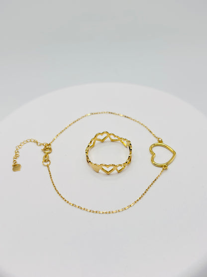18K Gold Open Heart Ring and Bracelet Set