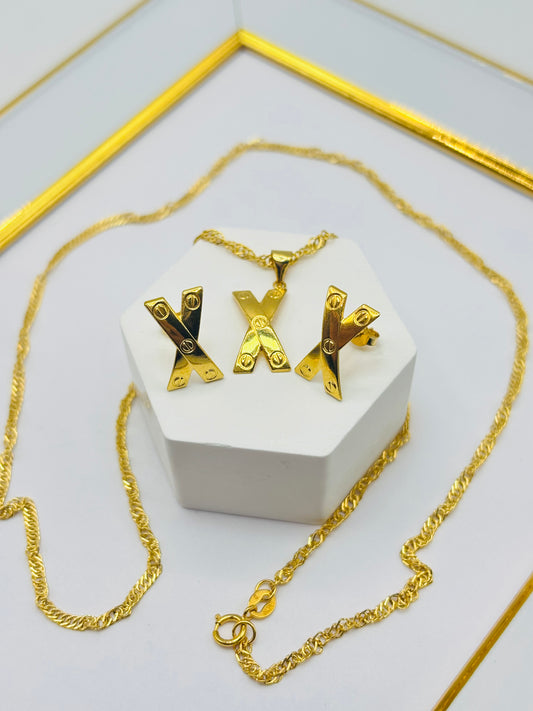 18K Gold Necklace and Earrings X Set
