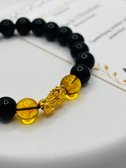 18K Gold Lucky Piyao/ Pi Xiu Citrine Black Obsidian Bracelet ( Hollow Empty Inside) Small