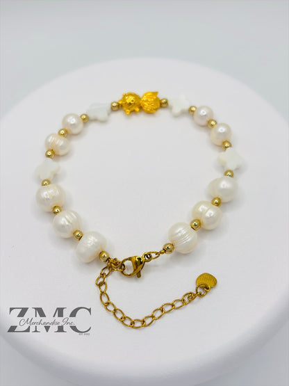 18K Gold Lucky Koi Fish Bracelet Fresh Water Pearl Stone ( Hollow Empty Inside)