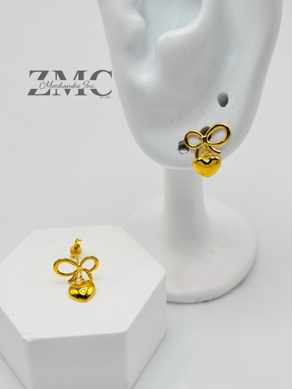 18K Gold Ribbon Heart Earrings