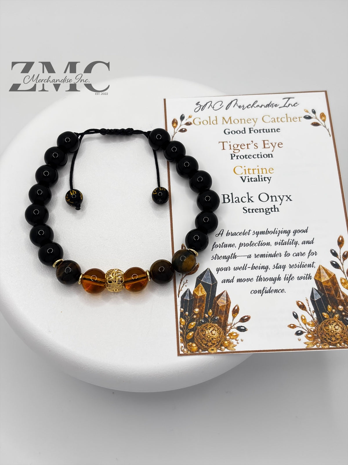 18K Gold  Lucky Money Catcher Ball Citrine, Tiger Eye, Onyx Bracelet  ( Hollow Empty Inside)
