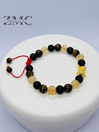18K Gold Lucky Koi Fish Bracelet Citrine, Onyx, & Tiger Eye Stone ( Hollow Empty Inside)