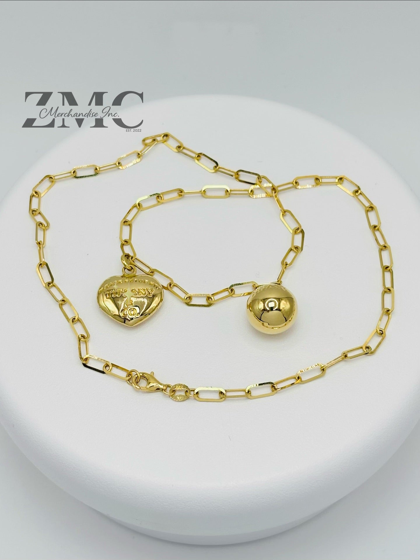 18K Gold Paperclip with Heart and Ball Charm Necklace