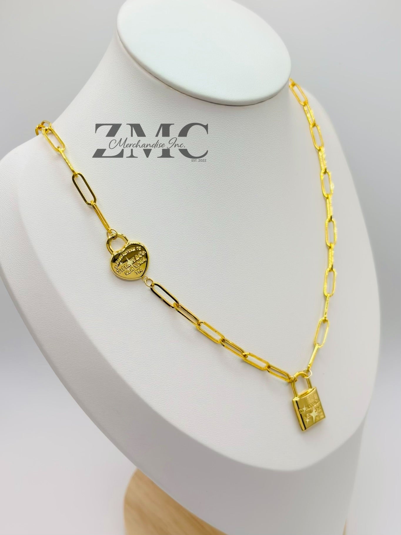 18K Gold Paperclip with Padlock and Heart Attached Necklace