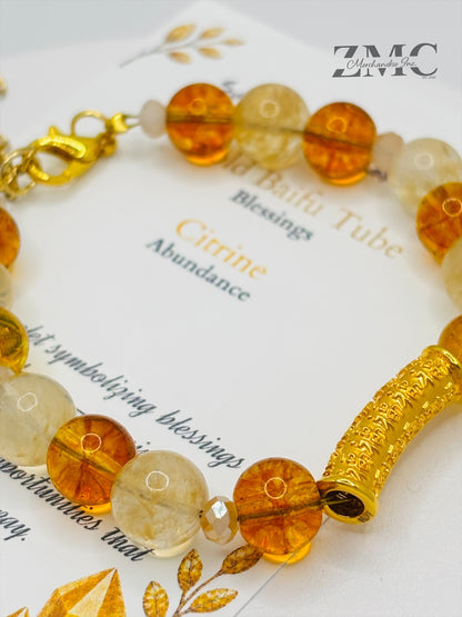 18K Gold  Lucky Baifu Tube Citrine Bracelet  ( Hollow Empty Inside)