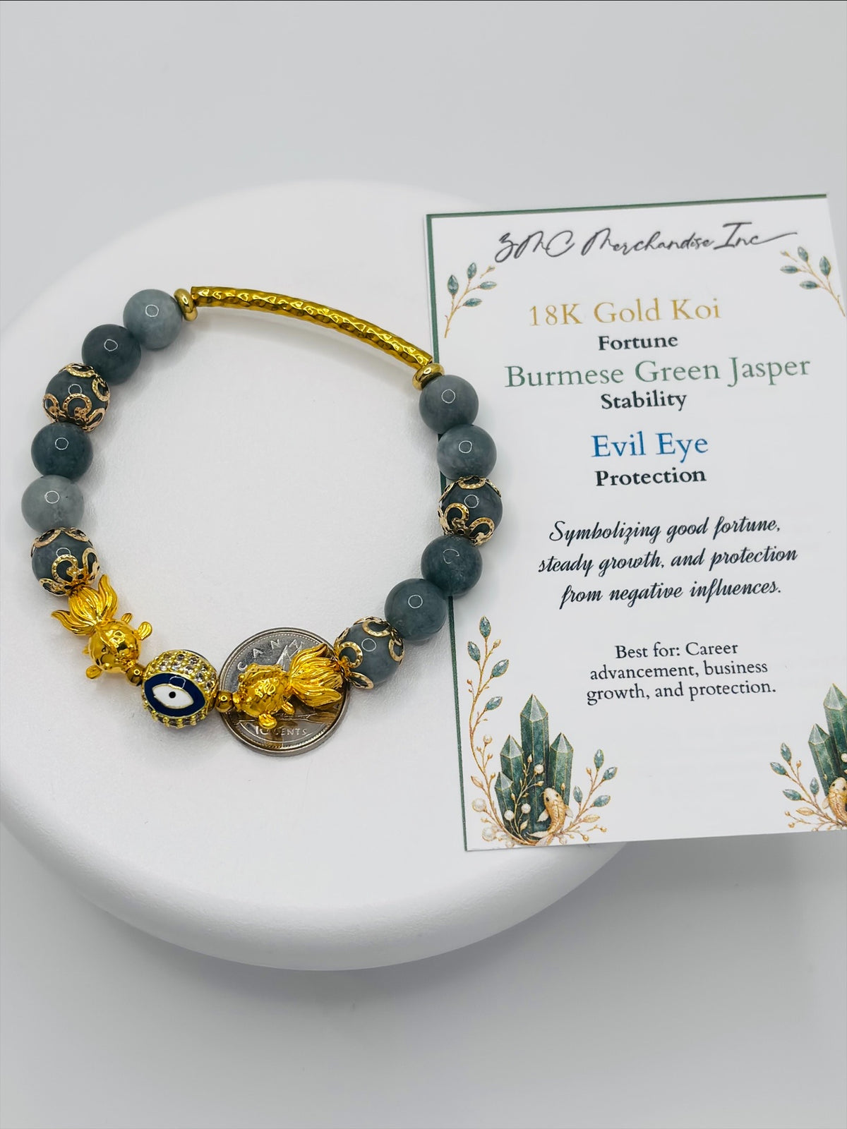 18K Gold Lucky Double Koi Fish Burmese Green Jasper Bracelet  ( Hollow Empty Inside)