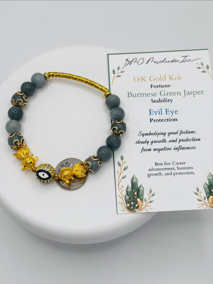 18K Gold Lucky Double Koi Fish Burmese Green Jasper Bracelet  ( Hollow Empty Inside)