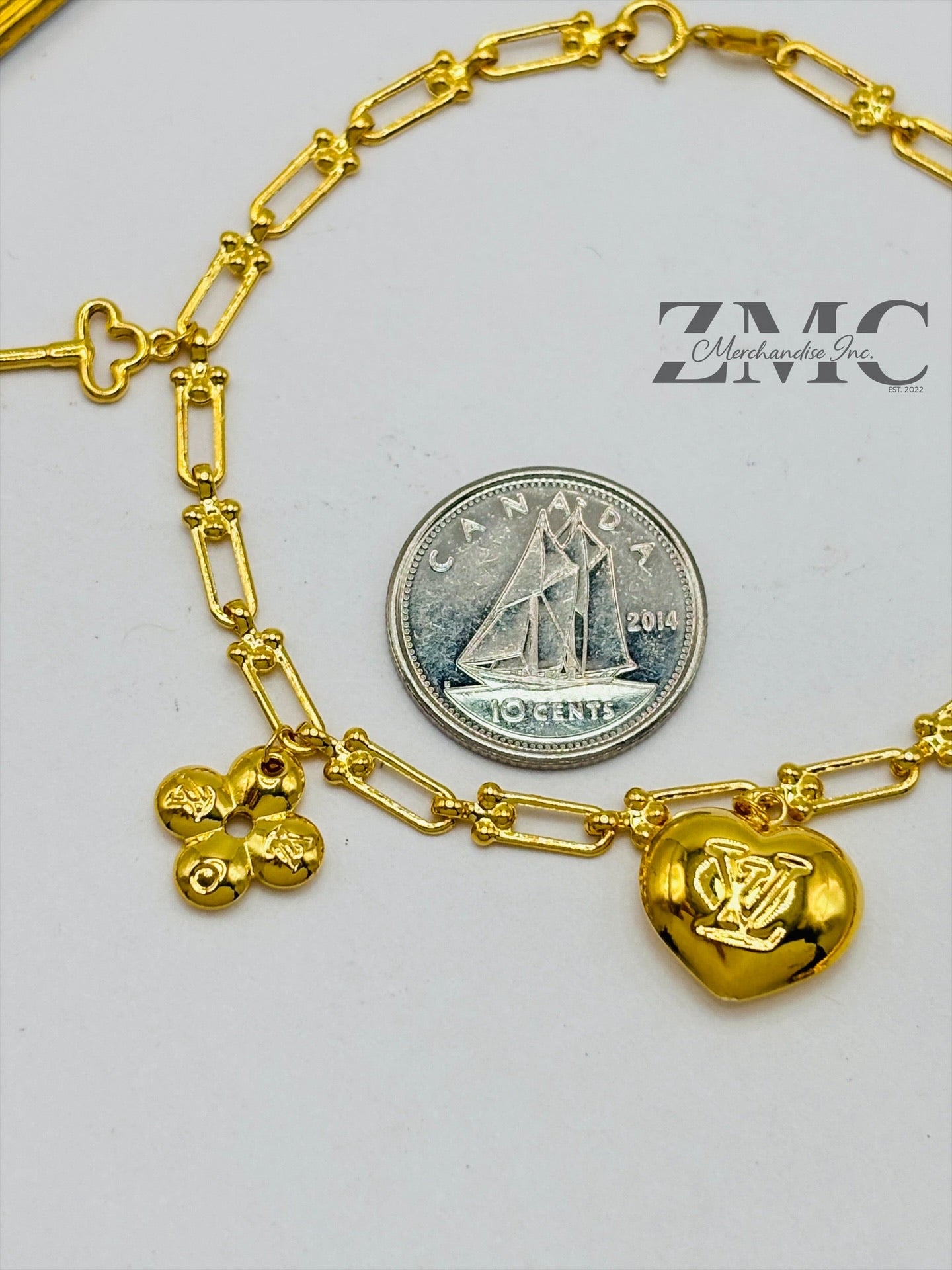 18K Gold Flat Hardware Heart, Flower Charm Bracelet