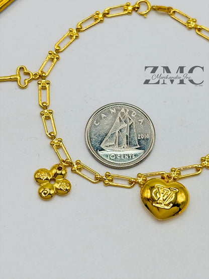 18K Gold Flat Hardware Heart, Flower Charm Bracelet