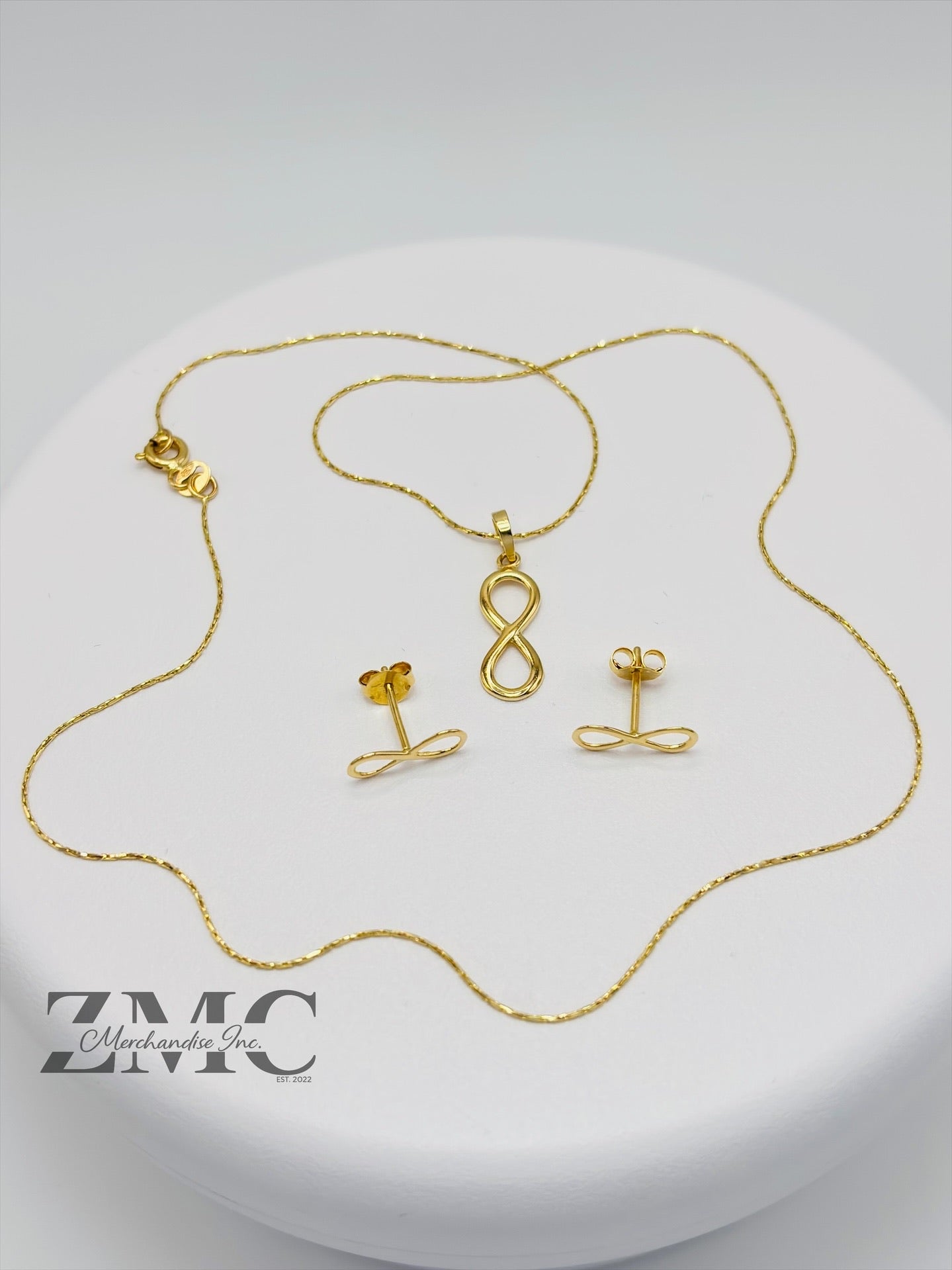 18K Gold Infinity Earrings and Necklace Set