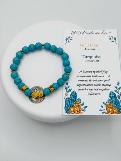 18K Gold Lucky Piyao/ Pi Xiu Blue Turquoise Bracelet ( Hollow Empty Inside) Small