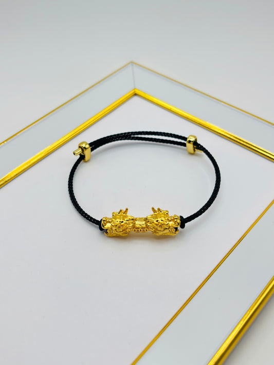 18K Gold  Lucky Dragon Bracelet  ( Hollow Empty Inside) Black Rope XXL
